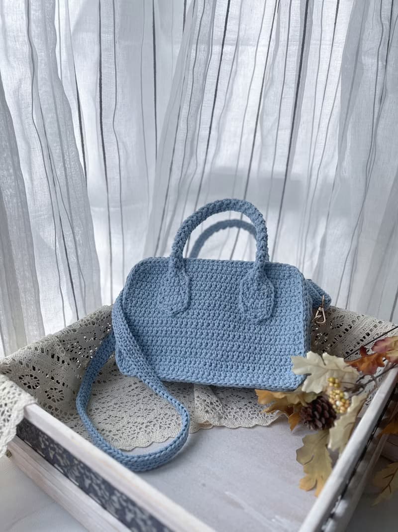 手工鉤織 Mia 手袋手提袋單肩手袋淺藍色針織鈎織編織手