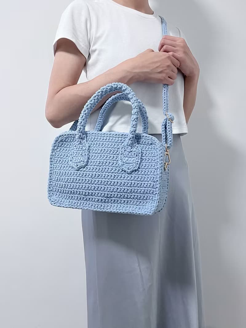 手工鉤織 Mia 手袋手提袋單肩手袋淺藍色針織鈎織編織手