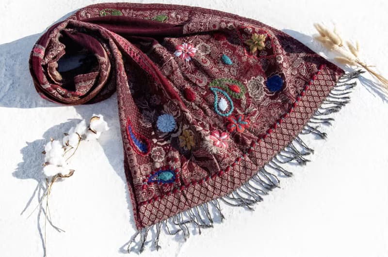 喀什米爾Cashmere/水煮羊毛披肩/針織圍巾/刺繡圍巾/羊絨披巾-花
