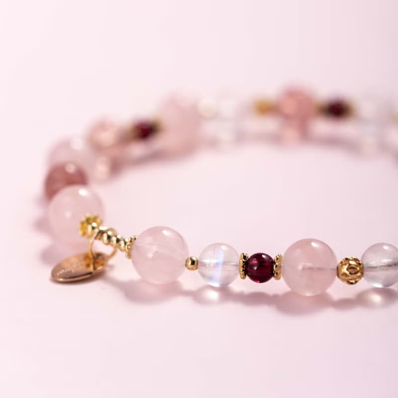 粉水晶草莓晶月光石手鍊 | 天然水晶手鍊禮物