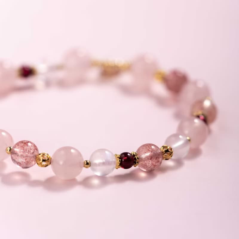 粉水晶草莓晶月光石手鍊 | 天然水晶手鍊禮物