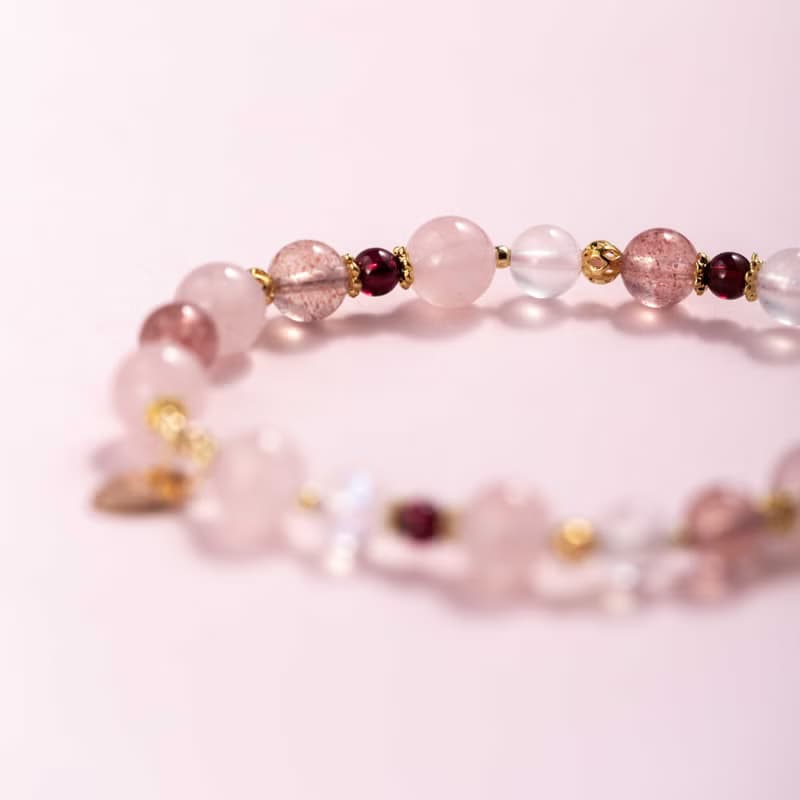 粉水晶草莓晶月光石手鍊 | 天然水晶手鍊禮物