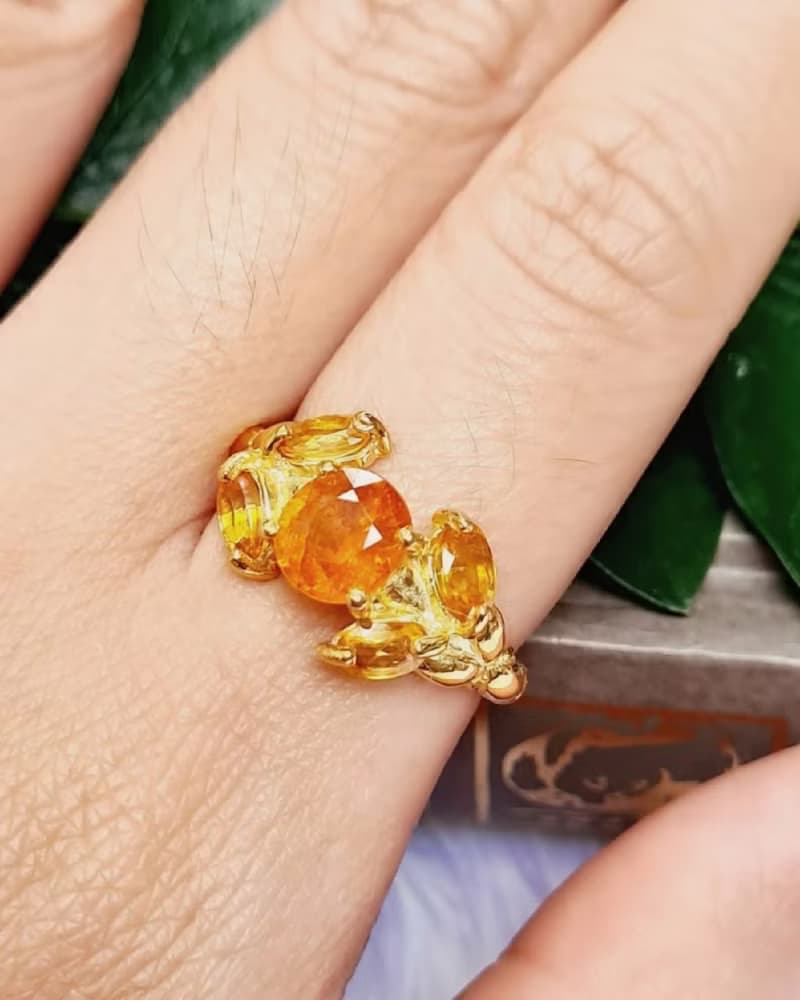 錳鋁榴石配黃色藍寶石925銀鍍金戒指