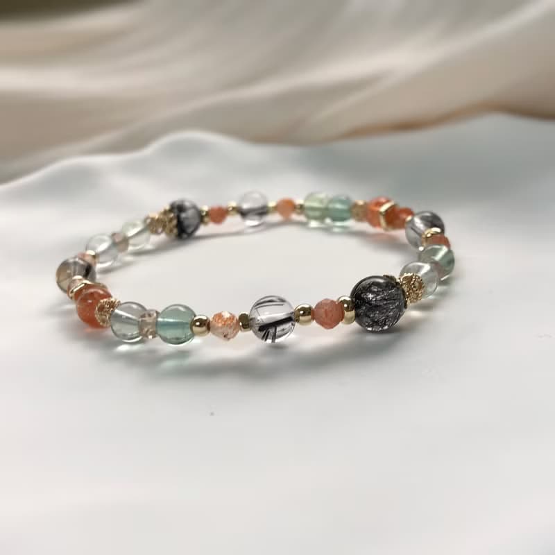 黑髮晶、螢石、金太陽/獅子座/星座水晶手鍊