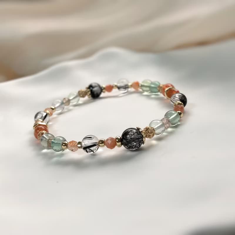 黑髮晶、螢石、金太陽/獅子座/星座水晶手鍊