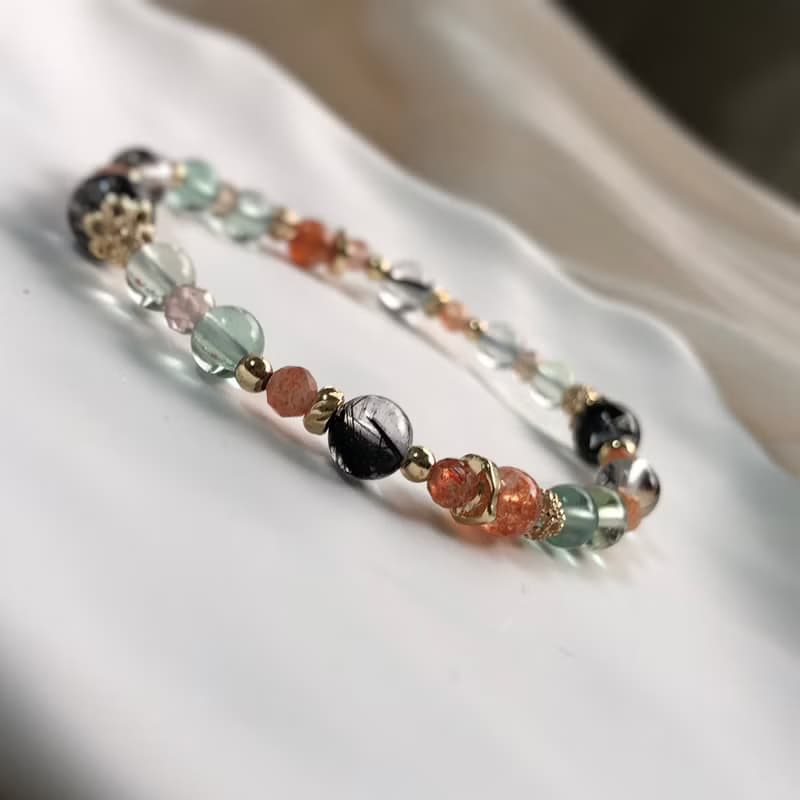 黑髮晶、螢石、金太陽/獅子座/星座水晶手鍊