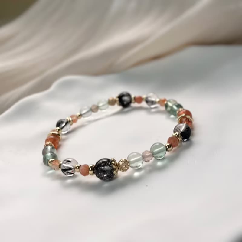 黑髮晶、螢石、金太陽/獅子座/星座水晶手鍊