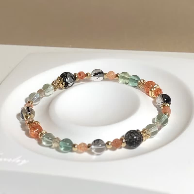 黑髮晶、螢石、金太陽/獅子座/星座水晶手鍊