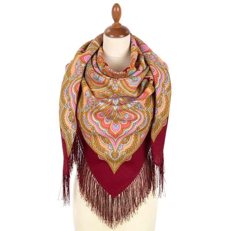 Pavlovo Posad Russian Shawl 100% Wool Scarf 125x125 cm Wrap Silk Fringe 2027-6