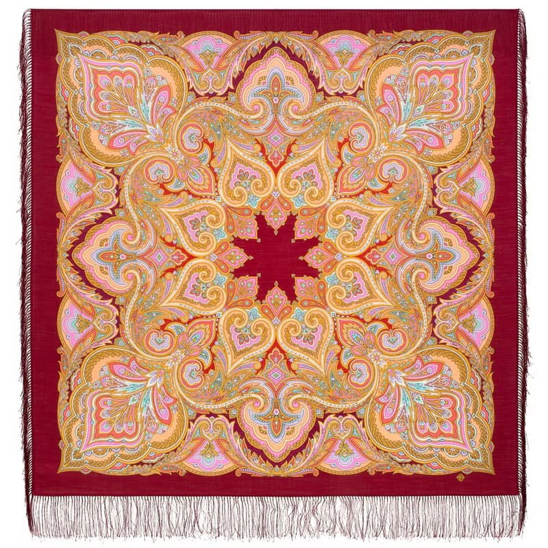 Pavlovo Posad Russian Shawl 100% Wool Scarf 125x125 cm Wrap Silk Fringe 2027-6