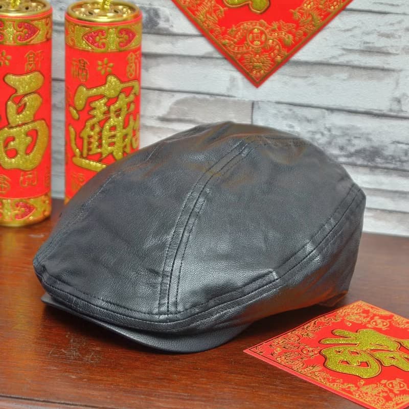 羊皮鴨舌帽 黑色 狩獵者帽 父親節 手作真皮帽子 超大頭圍