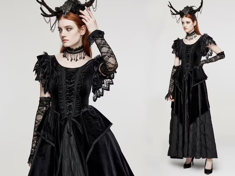 北歐女巫古典絲絨尖形禮服 / 連身裙 / 附蕾絲手套