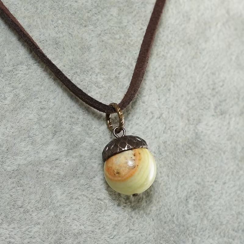 Green Brown Onyx Brass Acorn Forest Woodland Nature Jewelry Pendant Necklace