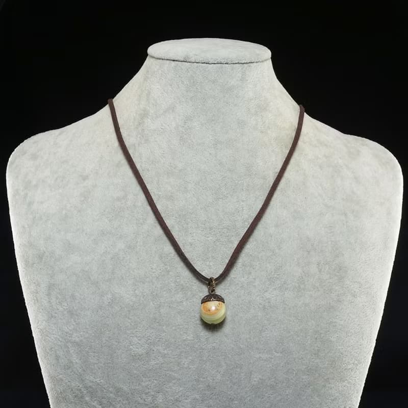 Green Brown Onyx Brass Acorn Forest Woodland Nature Jewelry Pendant Necklace