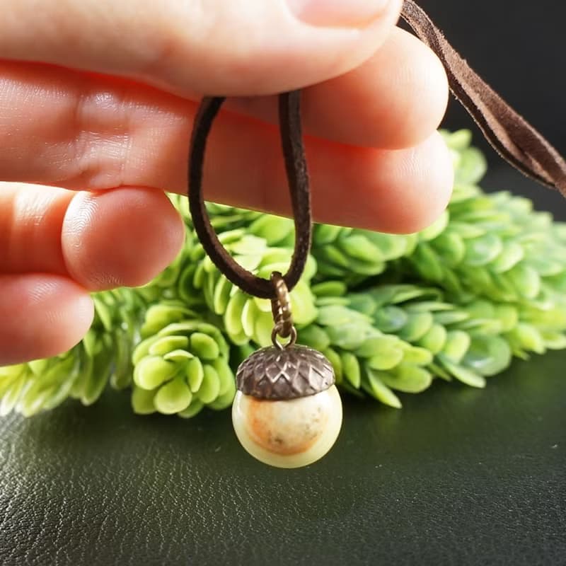 Green Brown Onyx Brass Acorn Forest Woodland Nature Jewelry Pendant Necklace