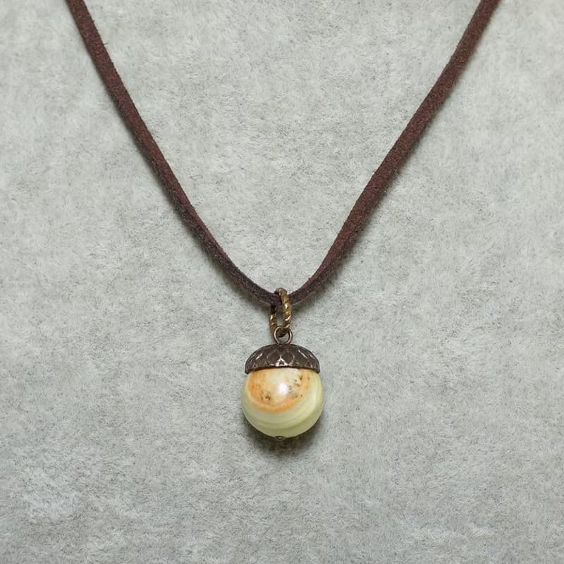 Green Brown Onyx Brass Acorn Forest Woodland Nature Jewelry Pendant Necklace