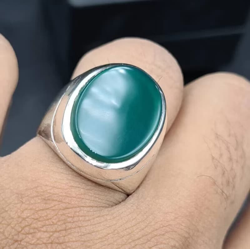 Unheated Green Yemeni aqeeq ring for men - Natural Yamani hakik rings Real agate