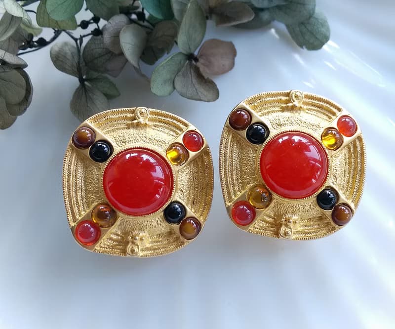 Vintage Jewelry 西洋古董飾品 紅色調 大方塊 幾何 夾式耳環