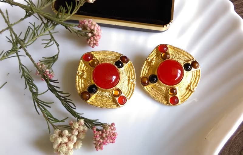 Vintage Jewelry 西洋古董飾品 紅色調 大方塊 幾何 夾式耳環