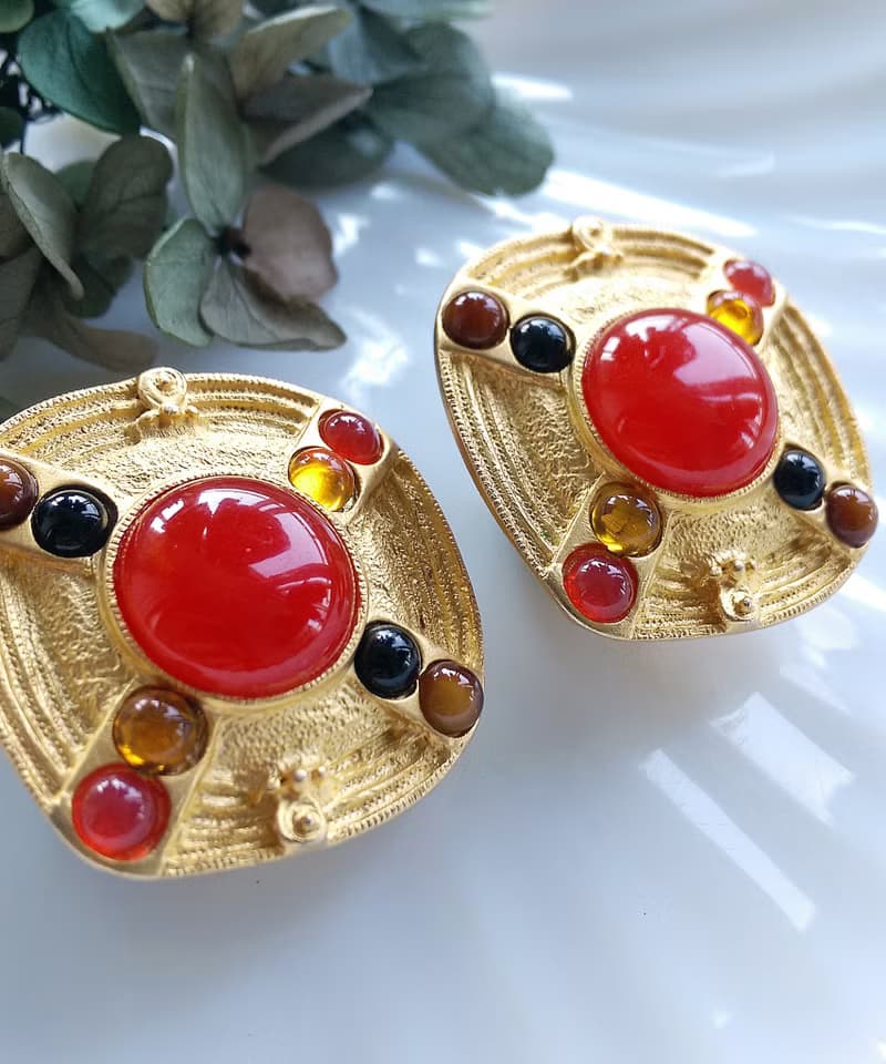 Vintage Jewelry 西洋古董飾品 紅色調 大方塊 幾何 夾式耳環