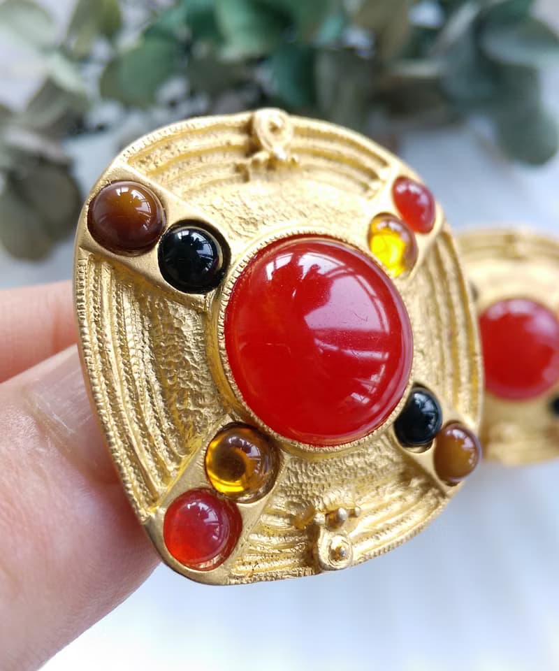 Vintage Jewelry 西洋古董飾品 紅色調 大方塊 幾何 夾式耳環