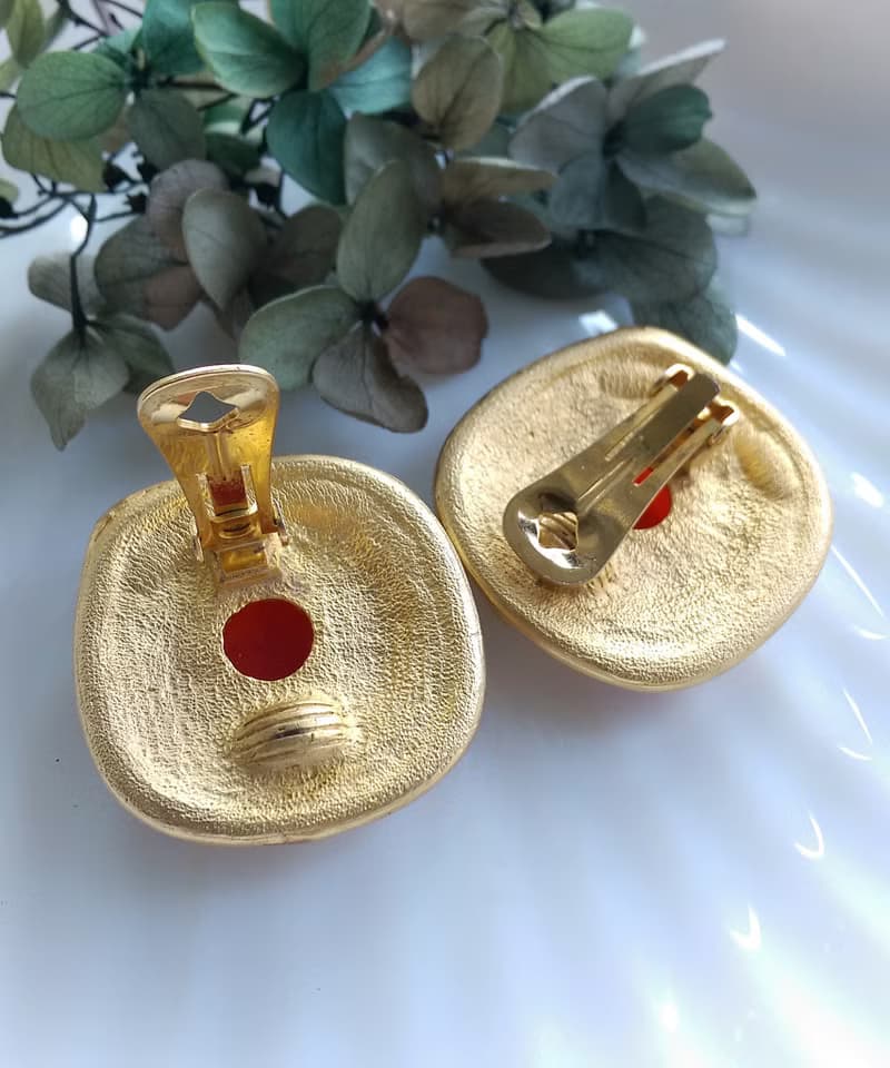 Vintage Jewelry 西洋古董飾品 紅色調 大方塊 幾何 夾式耳環