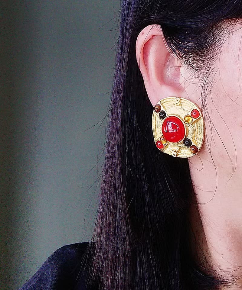 Vintage Jewelry 西洋古董飾品 紅色調 大方塊 幾何 夾式耳環