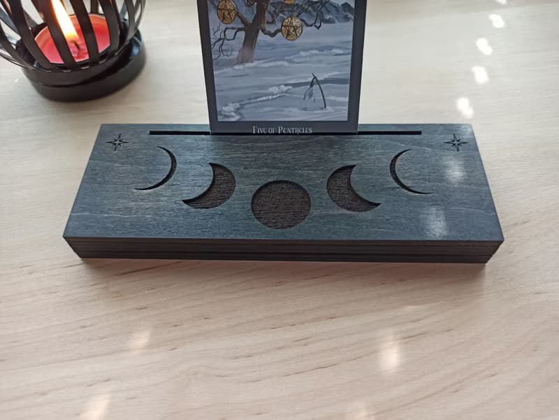 Black tarot card  stand holder display. Moon phases altar space home decor