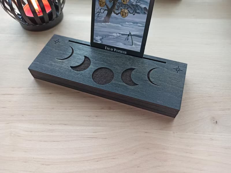 Black tarot card  stand holder display. Moon phases altar space home decor