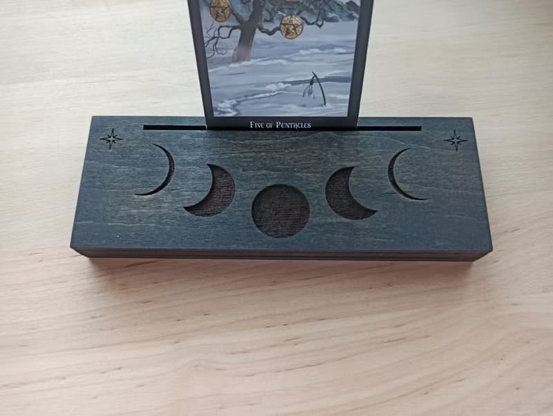 Black tarot card  stand holder display. Moon phases altar space home decor