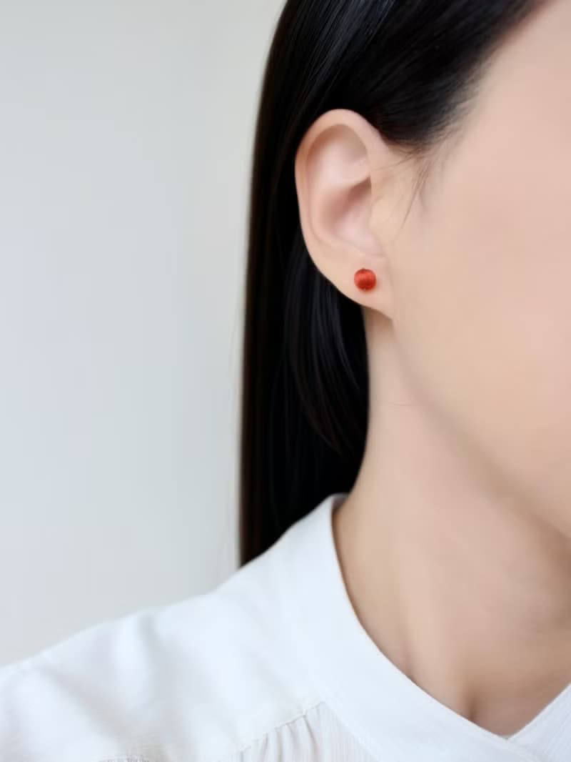 串珠耳飾_棉小球/橘紅色