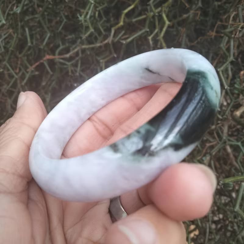 Natural Burmese Jade Bangle White with Green Tinted Jadeite Bracelet Flat Inner