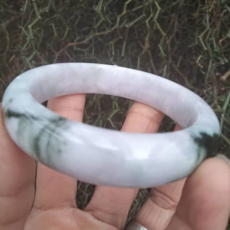 Natural Burmese Jade Bangle White with Green Tinted Jadeite Bracelet Flat Inner