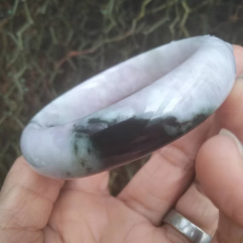 Natural Burmese Jade Bangle White with Green Tinted Jadeite Bracelet Flat Inner