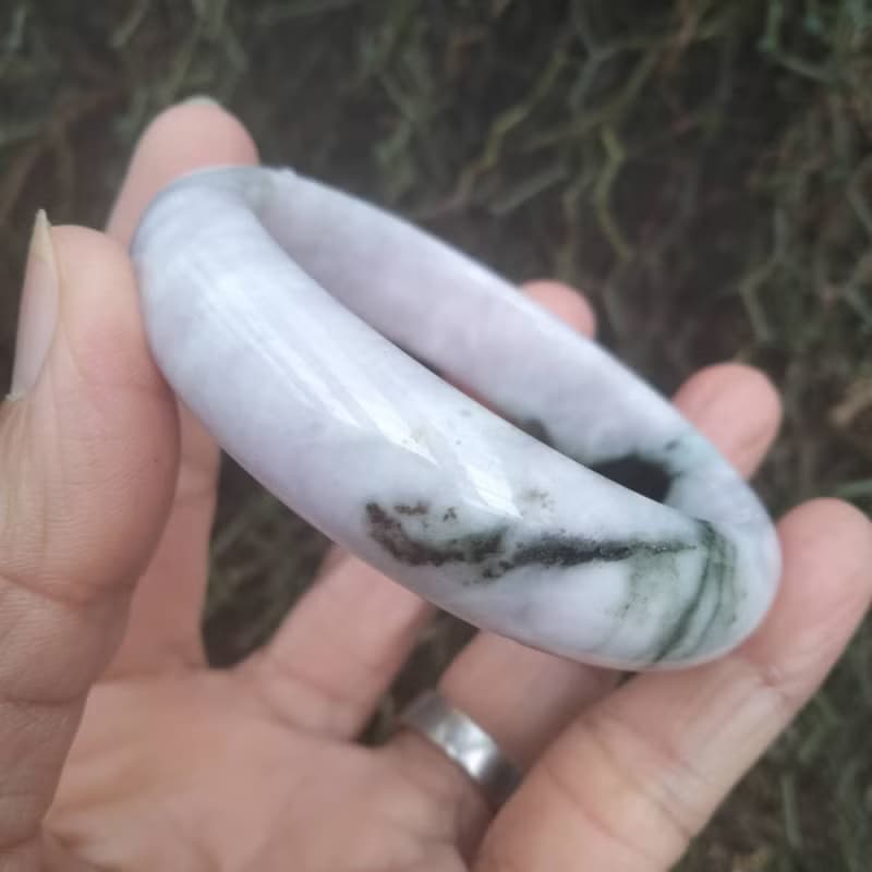 Natural Burmese Jade Bangle White with Green Tinted Jadeite Bracelet Flat Inner