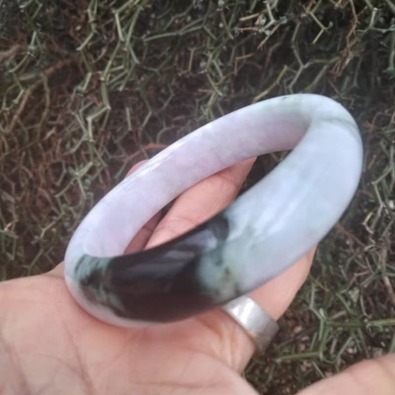 Natural Burmese Jade Bangle White with Green Tinted Jadeite Bracelet Flat Inner
