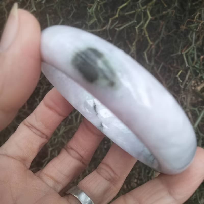 Natural Burmese Jade Bangle White with Green Tinted Jadeite Bracelet Flat Inner