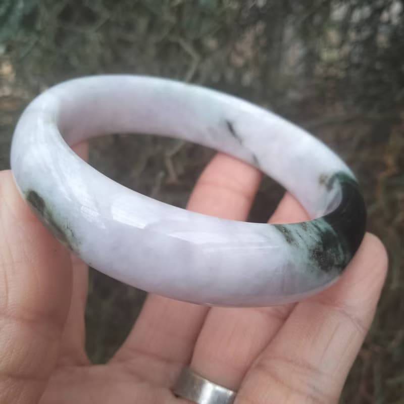 Natural Burmese Jade Bangle White with Green Tinted Jadeite Bracelet Flat Inner