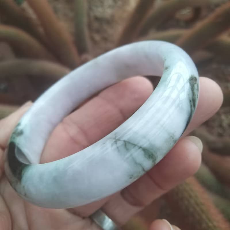 Natural Burmese Jade Bangle White with Green Tinted Jadeite Bracelet Flat Inner