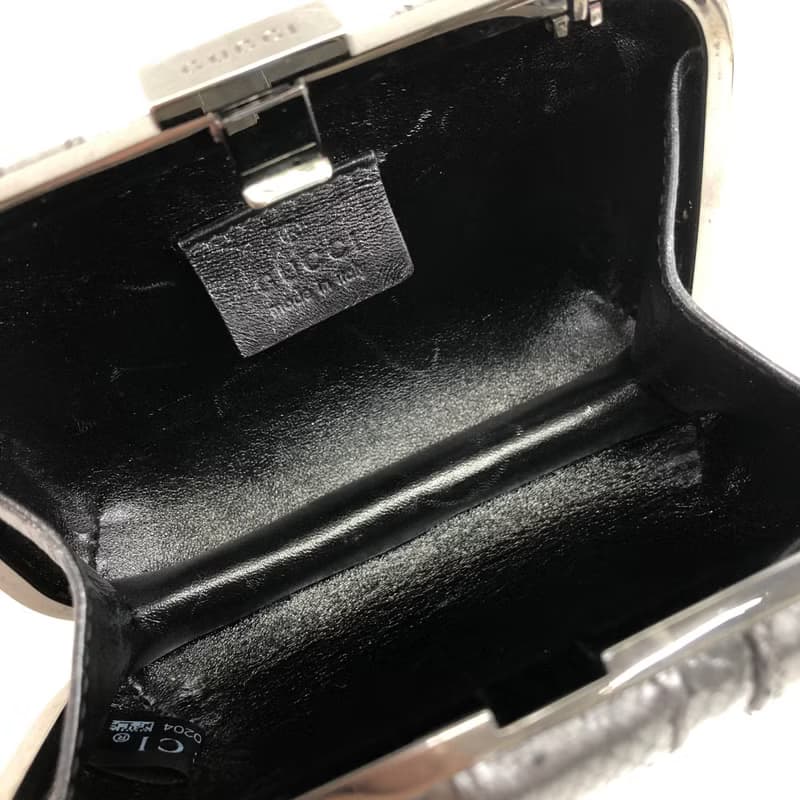 【 日本直送　名牌中古包 】GUCCI グッチ ハンドバッグ シルバー がま口 リザード型押し レザー ミニバッグ vintage ヴィンテージ  wh24bj