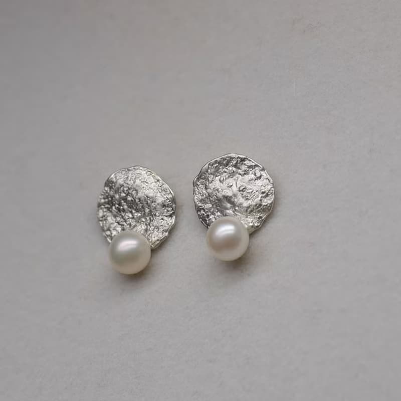 岩紋圓片珍珠耳環 天然岩石紋理搭配淡水珍珠