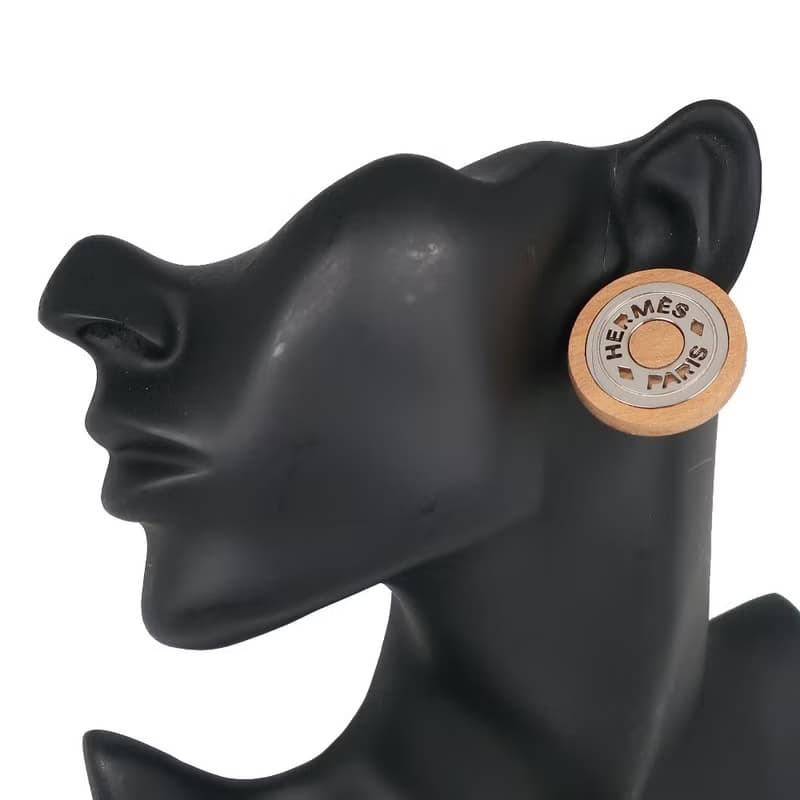 【日本直送】エルメス HERMES セリエ イヤリング ウッド × 金属製 茶/シルバー 約20.3g レディース【中古】