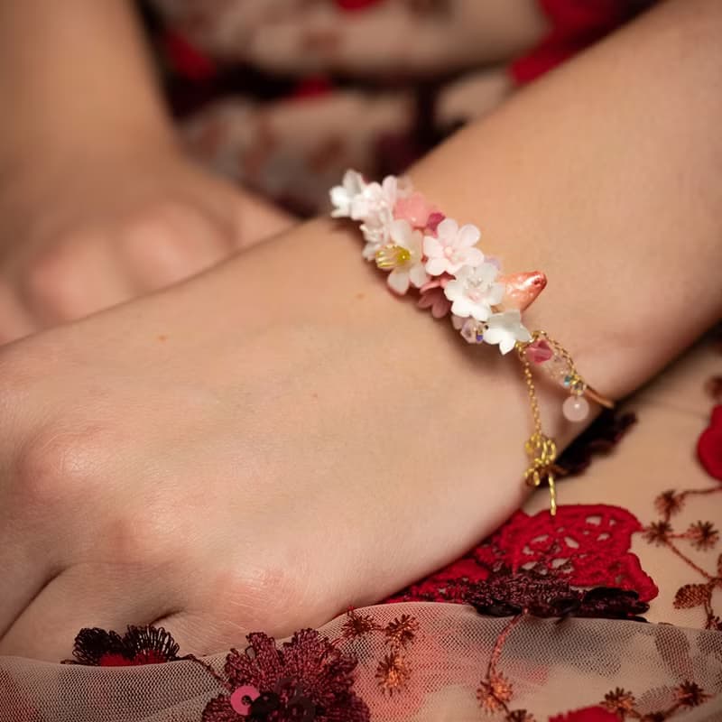 紅臉頰花束鍍14K金手鐲 - 手工製作飾品