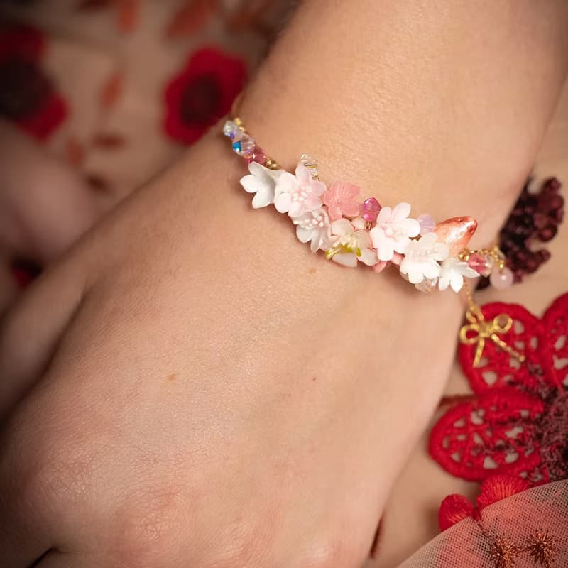 紅臉頰花束鍍14K金手鐲 - 手工製作飾品