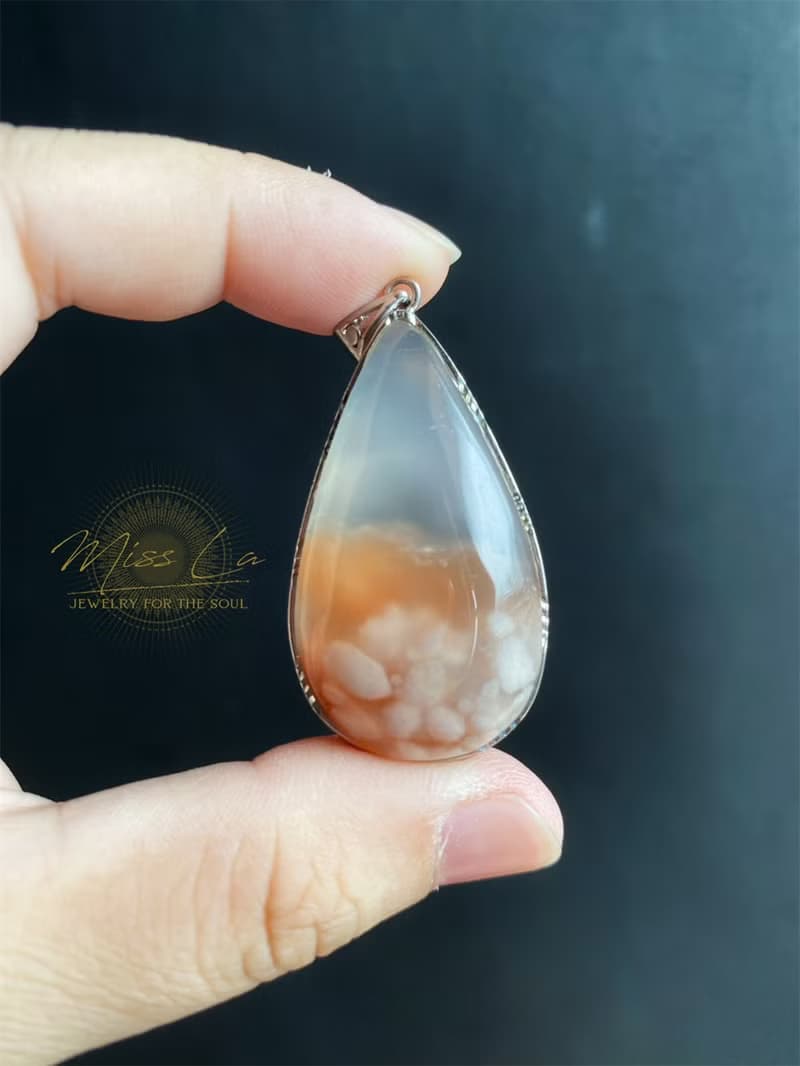 櫻花瑪瑙 牛血紅 冰透 溫柔 漸層花 S925銀鑲拖 天然石 項鍊