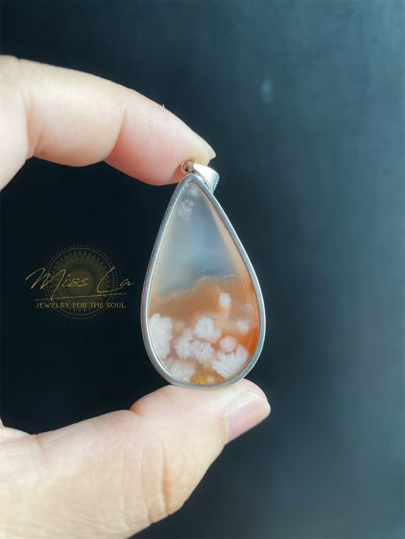 櫻花瑪瑙 牛血紅 冰透 溫柔 漸層花 S925銀鑲拖 天然石 項鍊