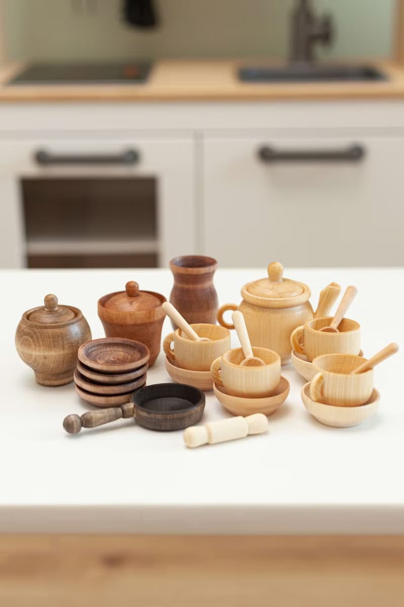 Set of dishes, Toy tea set, Wooden play kitchen, Play food, Toy tableware