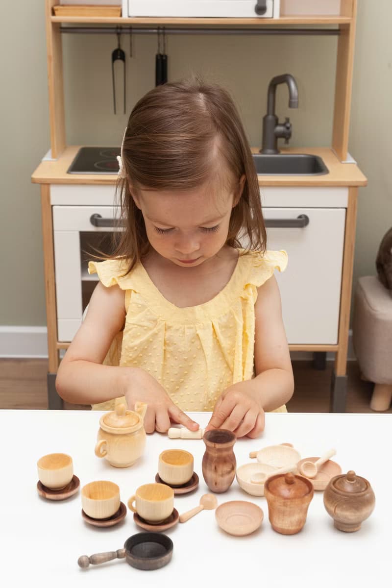 Set of dishes, Toy tea set, Wooden play kitchen, Play food, Toy tableware