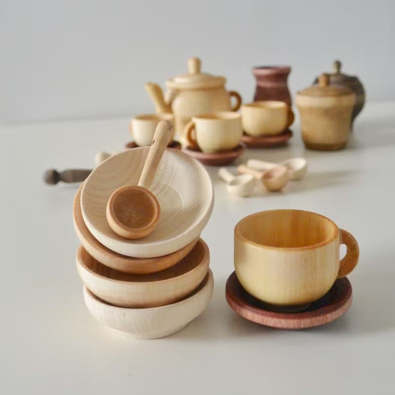 Set of dishes, Toy tea set, Wooden play kitchen, Play food, Toy tableware