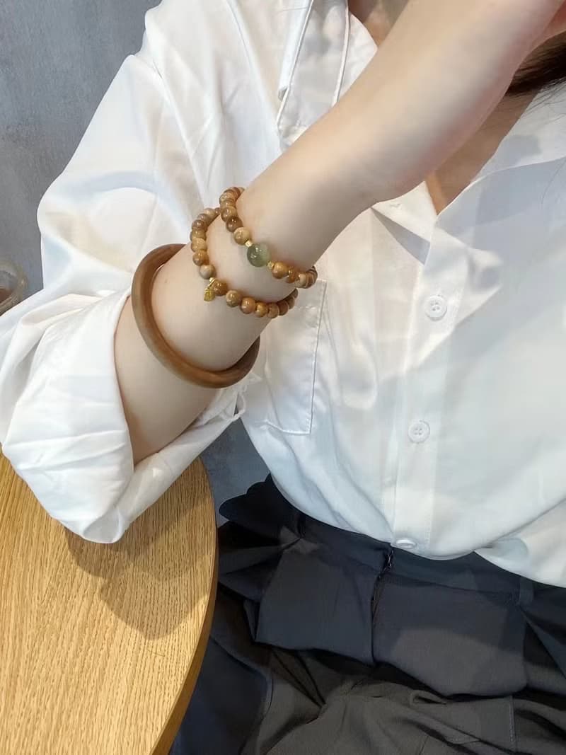 天然庫克雙圈手鏈搭配和田玉轉運珠 文玩手鏈  檀木手鐲